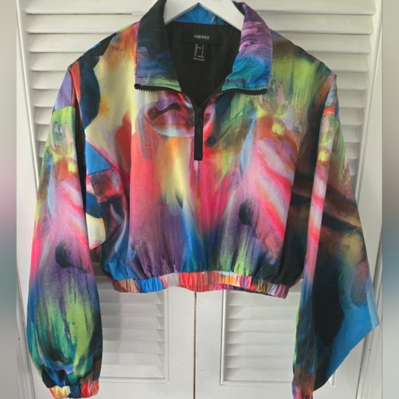 Forever 21 Cropped Neon Abstract Zip Jacket S - Picture 4 of 8